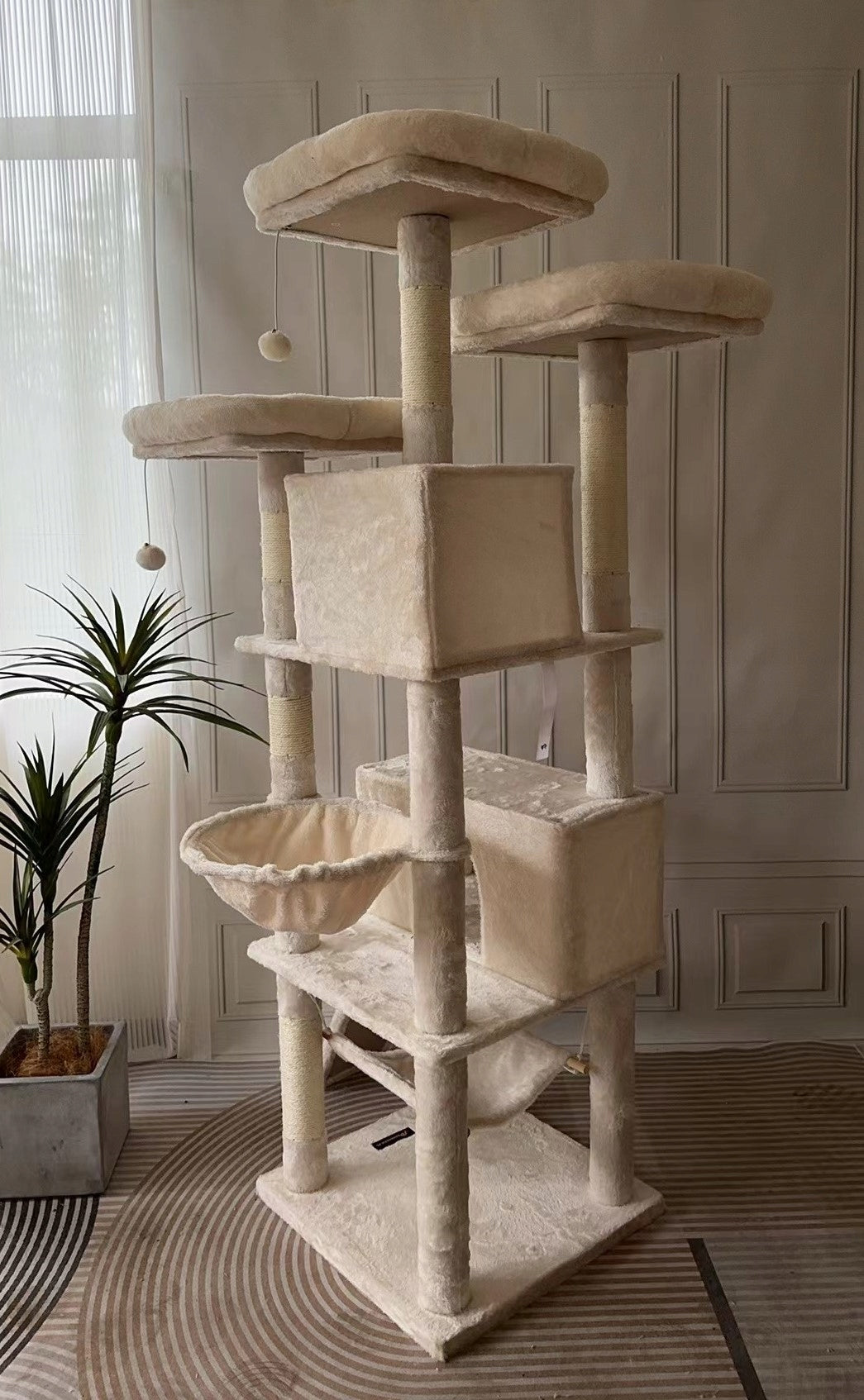 Drapaczek Drapak dla kota wysoki 164 cm z 2 domkami, hamakiem i 3 platformami – beżowy