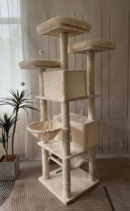 Drapaczek Drapak dla kota wysoki 164 cm z 2 domkami, hamakiem i 3 platformami – beżowy