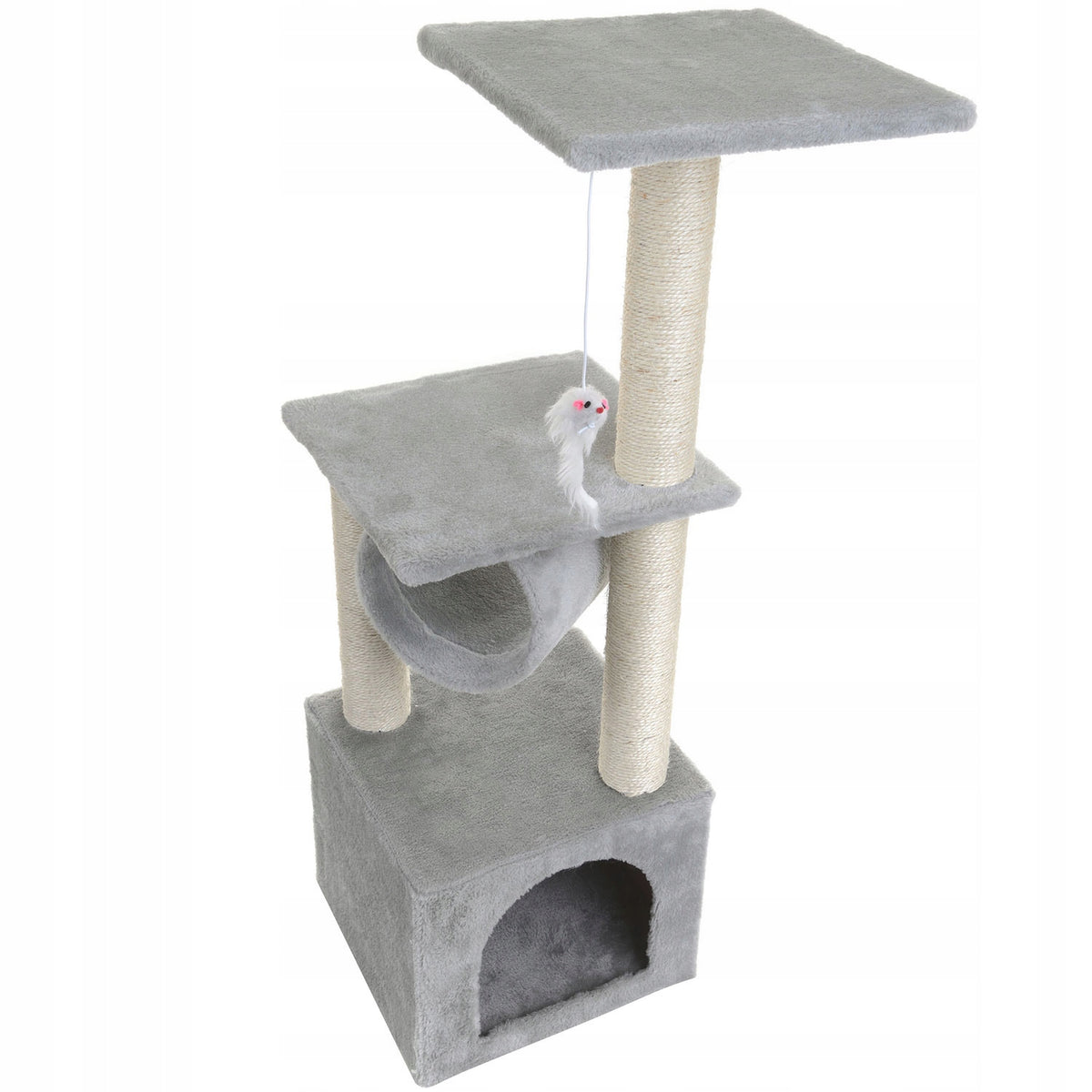 Mersjo Drapak dla kota z domkiem 92 cm – 4 poziomy, słupki sizalowe, legowisko – szary
