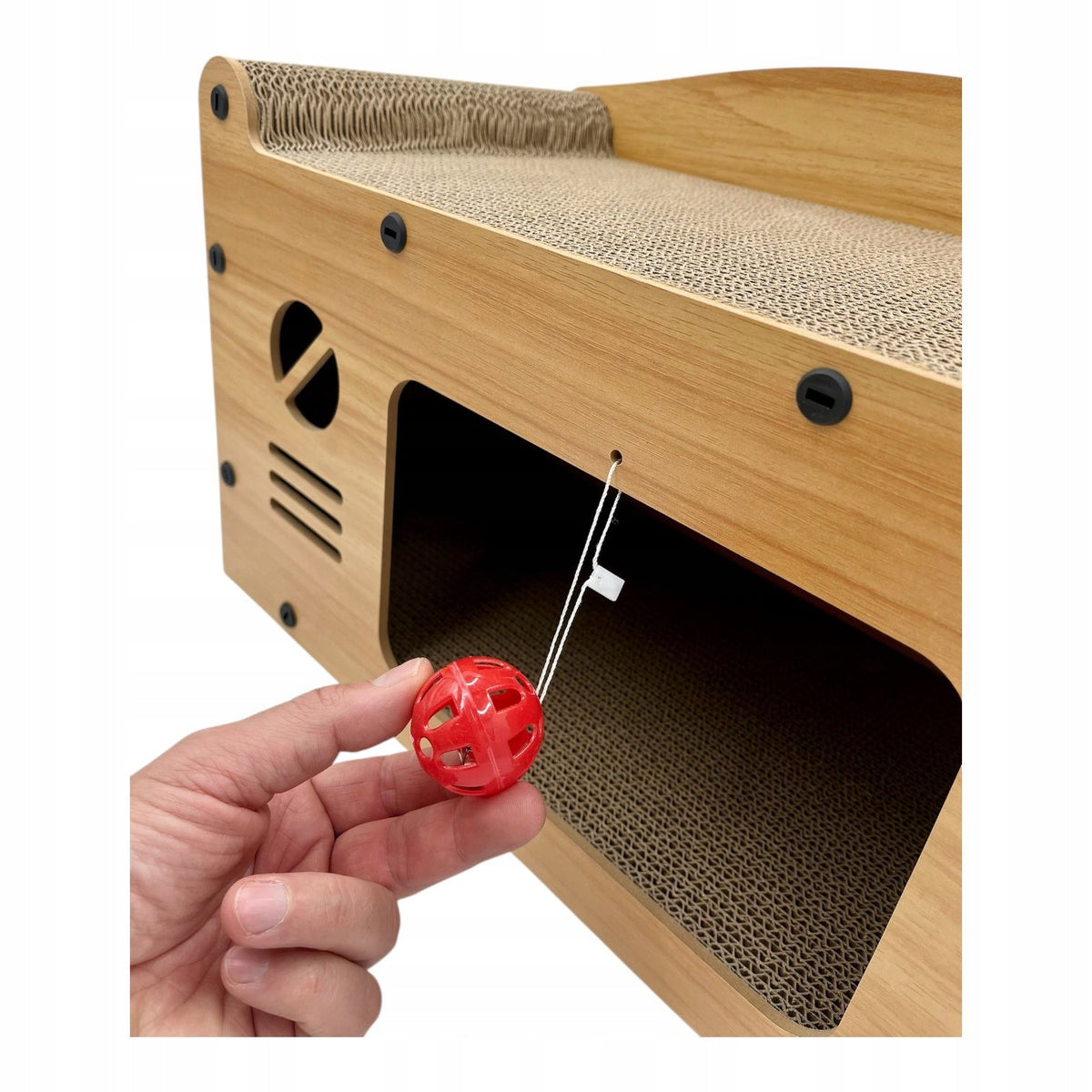 Drapak dla kota domek retro TV z legowiskiem – tektura i MDF, z zabawką, beżowy
