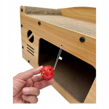 Drapak dla kota domek retro TV z legowiskiem – tektura i MDF, z zabawką, beżowy