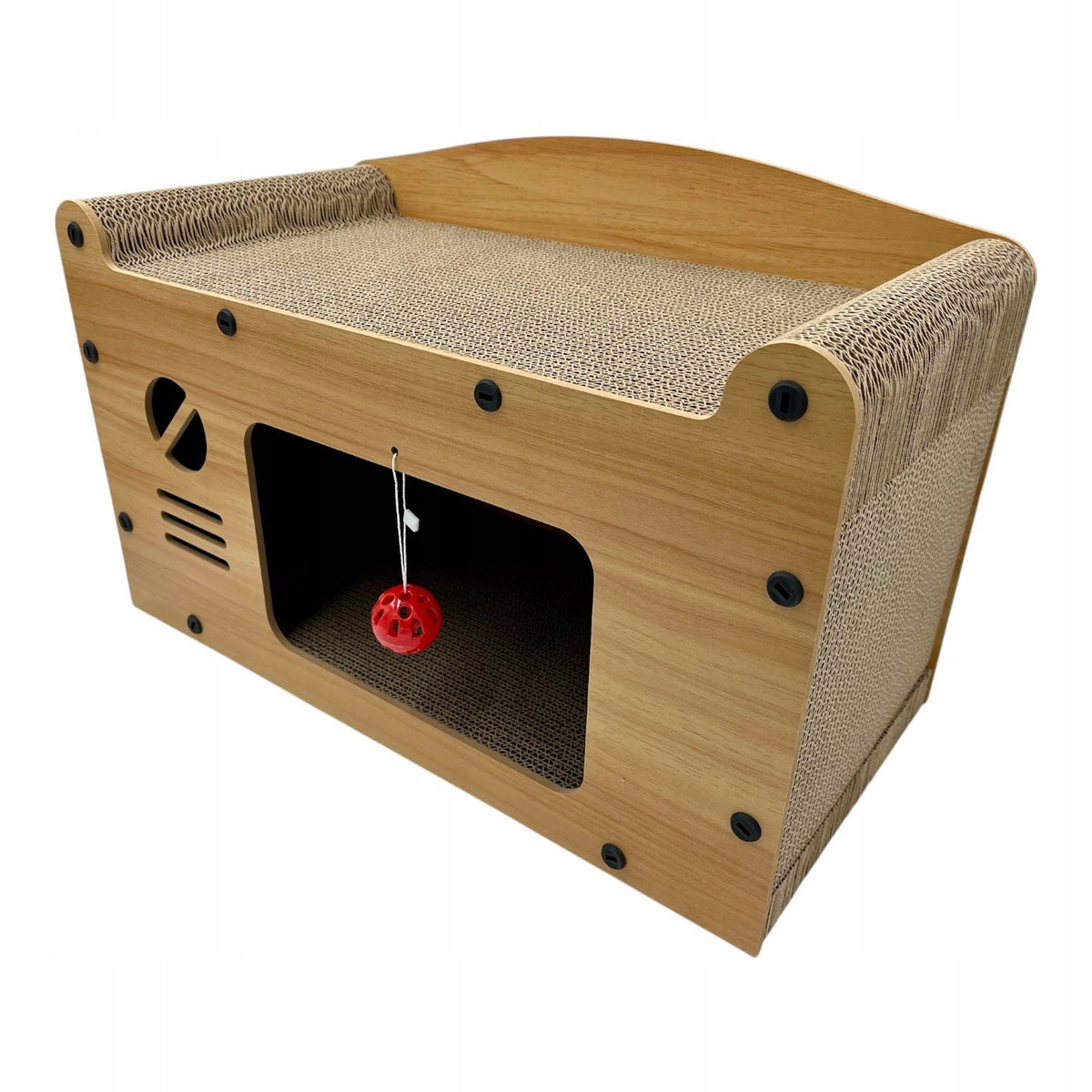Drapak dla kota domek retro TV z legowiskiem – tektura i MDF, z zabawką, beżowy