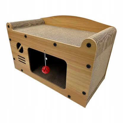 Drapak dla kota domek retro TV z legowiskiem – tektura i MDF, z zabawką, beżowy