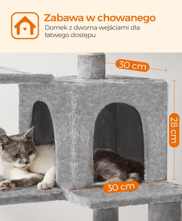Drapak dla kota 138 cm z budką, hamakiem i słupkami z sizalu – wieża, jasnoszary