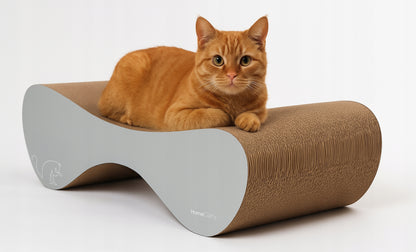 HomeCatty Balance drapak kartonowy dla kota 71x21x25 cm, dwustronny z legowiskiem – szary