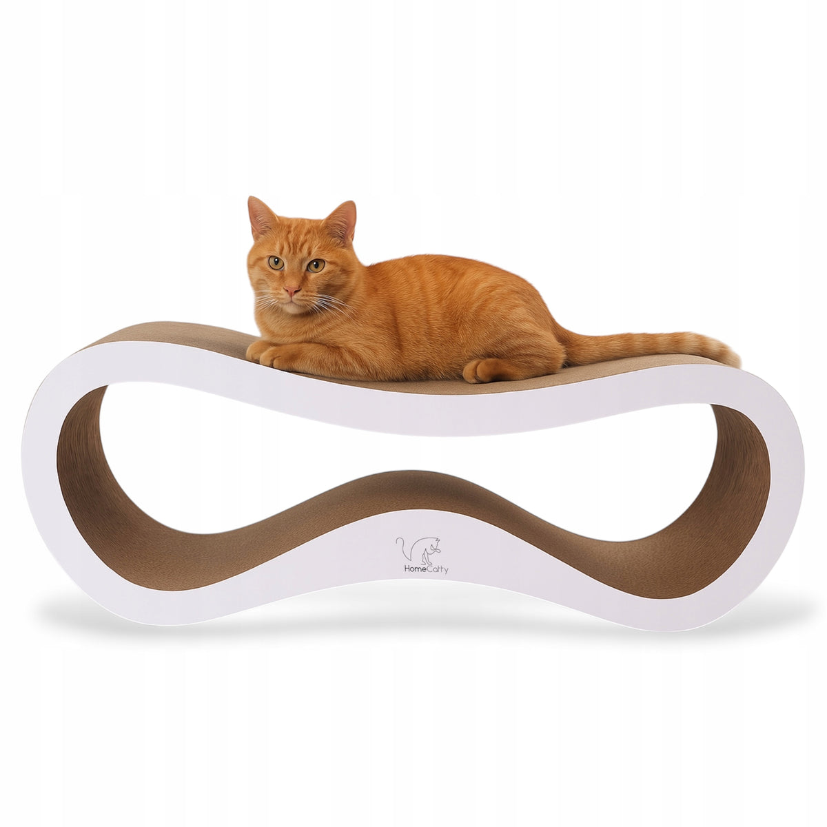 HomeCatty Drapak dla kota kartonowy 75x26x25 cm z legowiskiem, dwustronny Infinity – biały