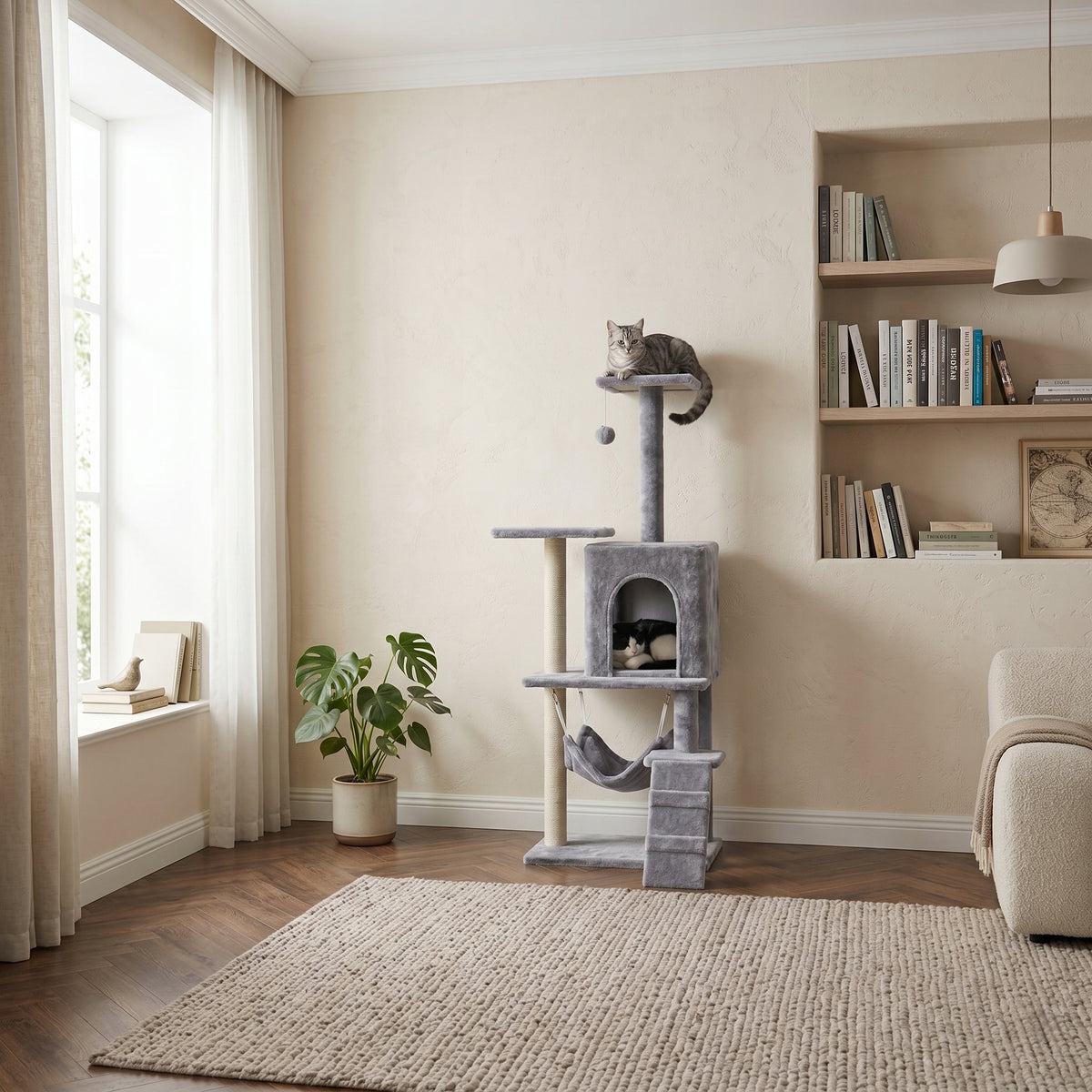Drapak dla kota wysoki 138 cm z budką i hamakiem – 4 poziomy, sizal, szary