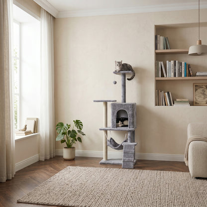 Drapak dla kota wysoki 138 cm z budką i hamakiem – 4 poziomy, sizal, szary