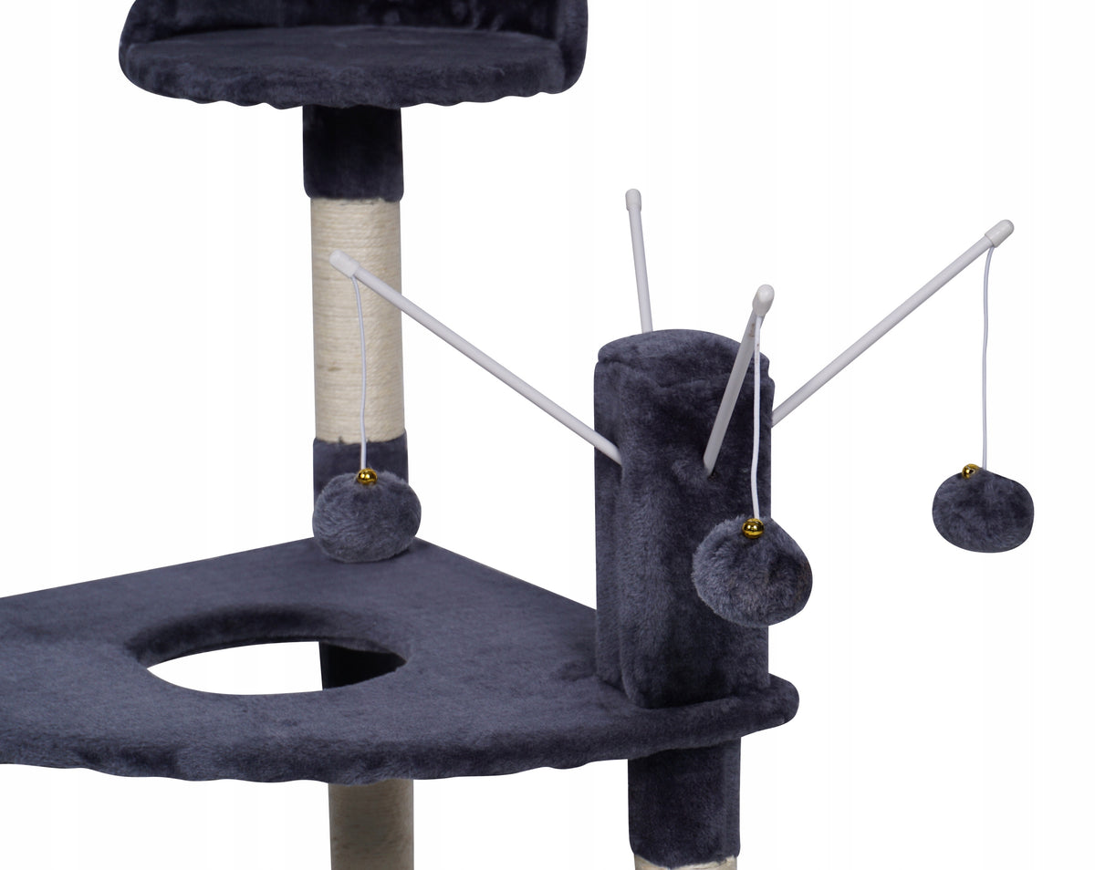 Drapak dla kota 80 cm z legowiskiem i słupkami z sizalu – 3 poziomy, pluszowe półki