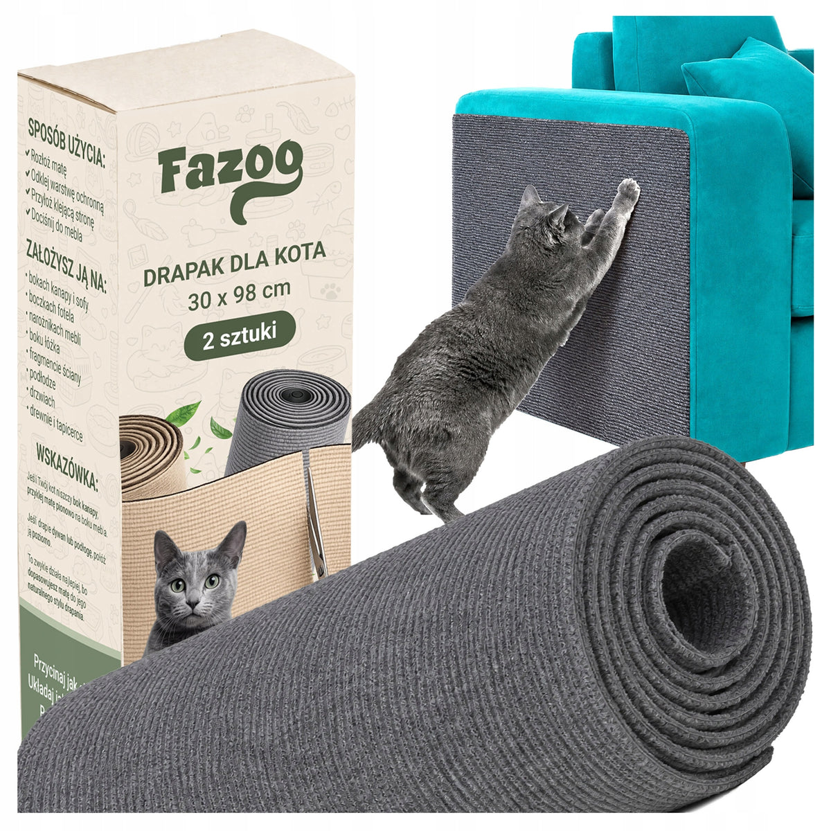 Fazoo Mata do drapania dla kota samoprzylepna 98 x 30 cm, 2 szt., ochrona mebli – szara