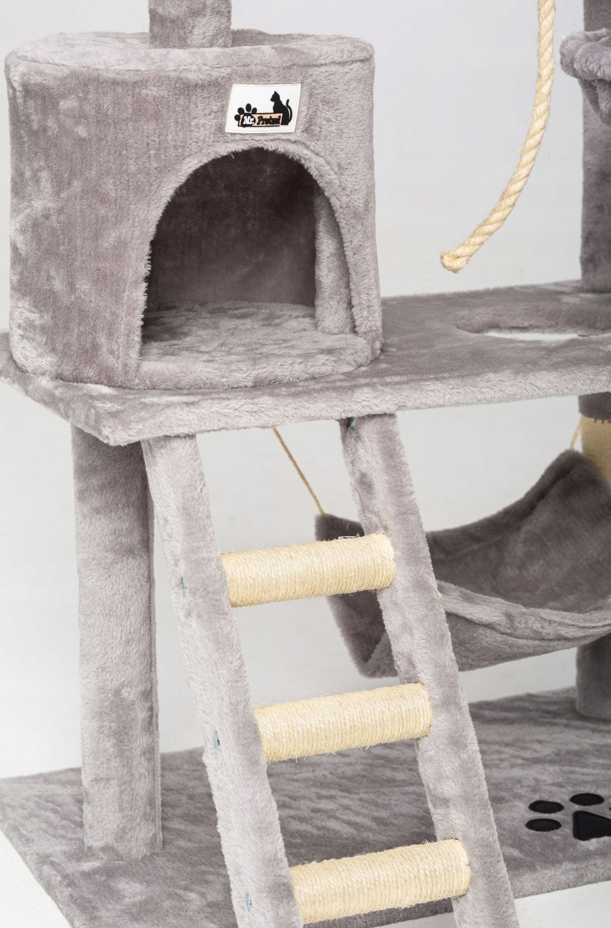 Mr. Pretzel Drapak dla kota Ocelot 141 cm z domkiem i platformą, sizal i plusz – szary