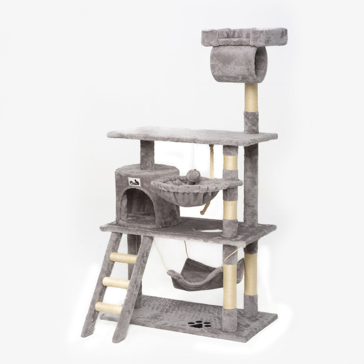 Mr. Pretzel Drapak dla kota Ocelot 141 cm z domkiem i platformą, sizal i plusz – szary
