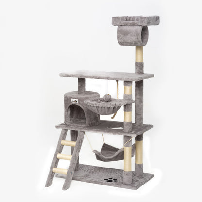Mr. Pretzel Drapak dla kota Ocelot 141 cm z domkiem i platformą, sizal i plusz – szary