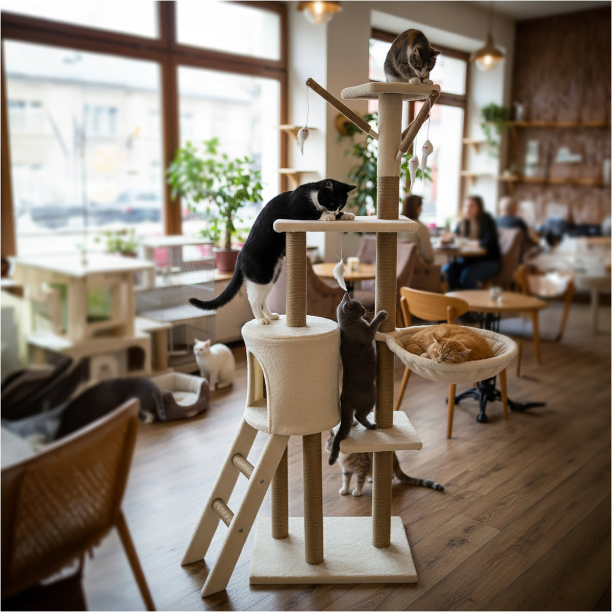 Miximi Drapak dla kota wysoki 138 cm, 5 poziomów, z domkiem i sizalem – beżowy