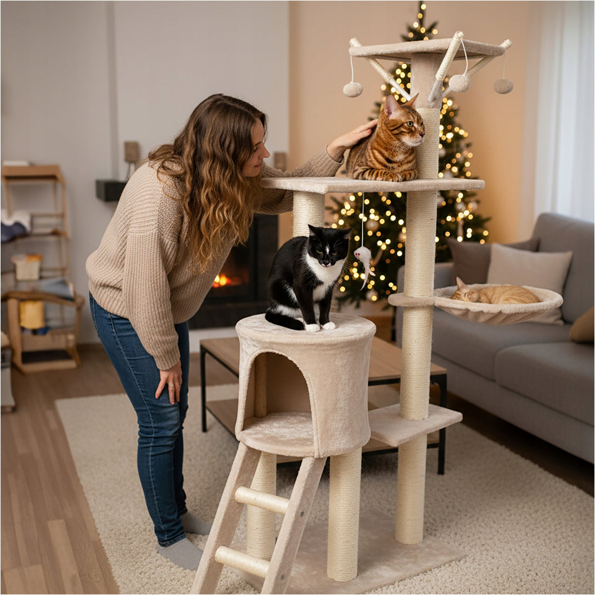 Miximi Drapak dla kota wysoki 138 cm, 5 poziomów, z domkiem i sizalem – beżowy