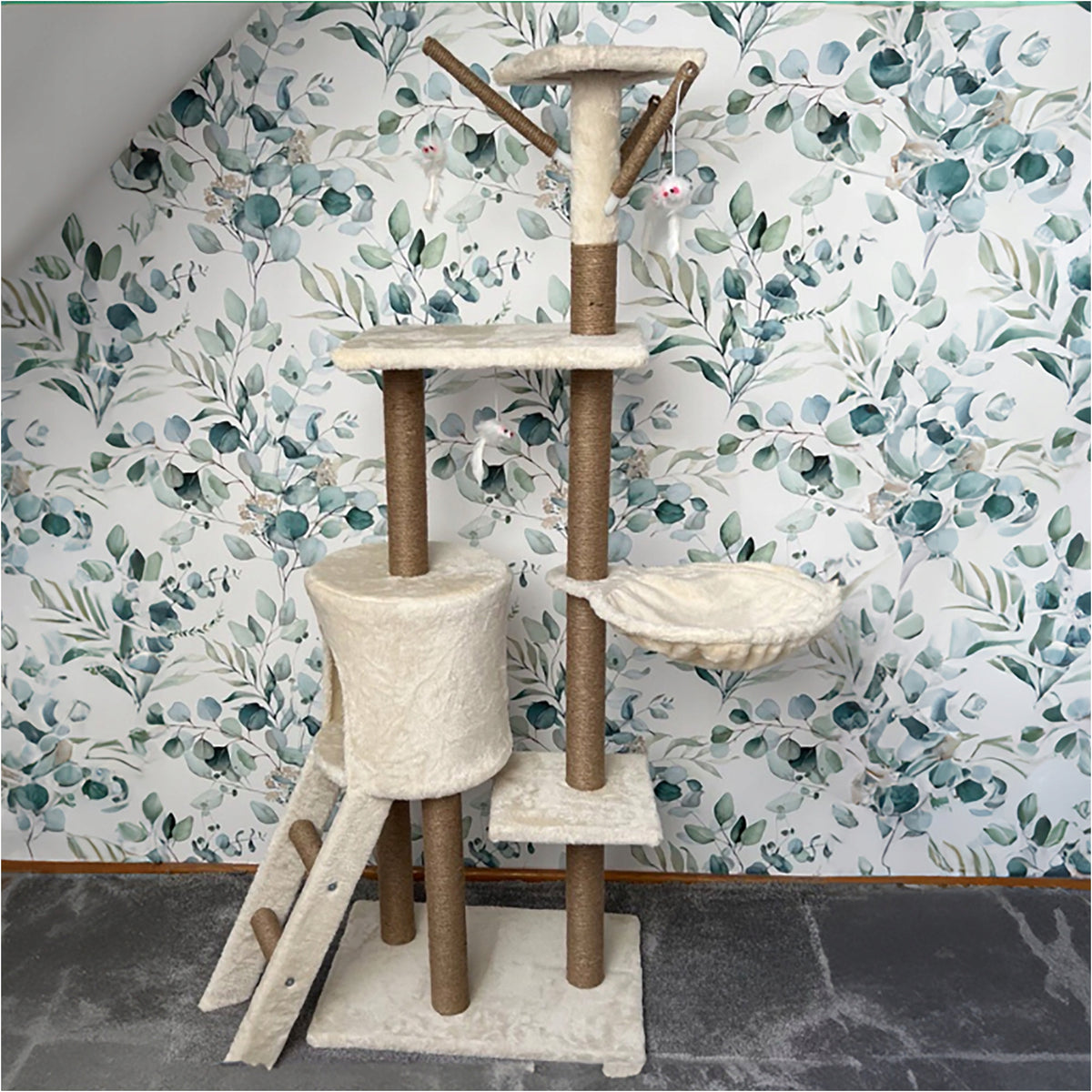 Miximi Drapak dla kota wysoki 138 cm, 5 poziomów, z domkiem i sizalem – beżowy