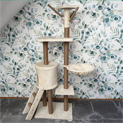 Miximi Drapak dla kota wysoki 138 cm, 5 poziomów, z domkiem i sizalem – beżowy