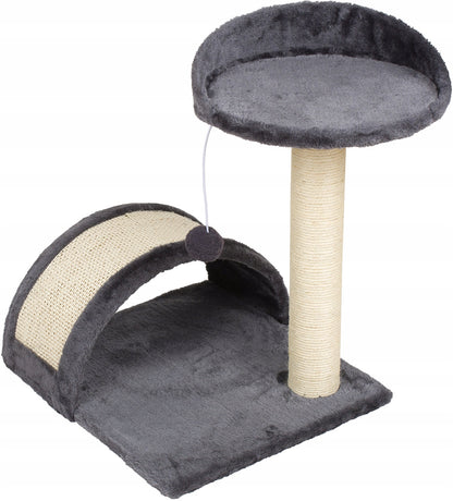 Drapak dla kota z domkiem i legowiskiem 45 cm – słupek z sizalu, 3 poziomy, szary