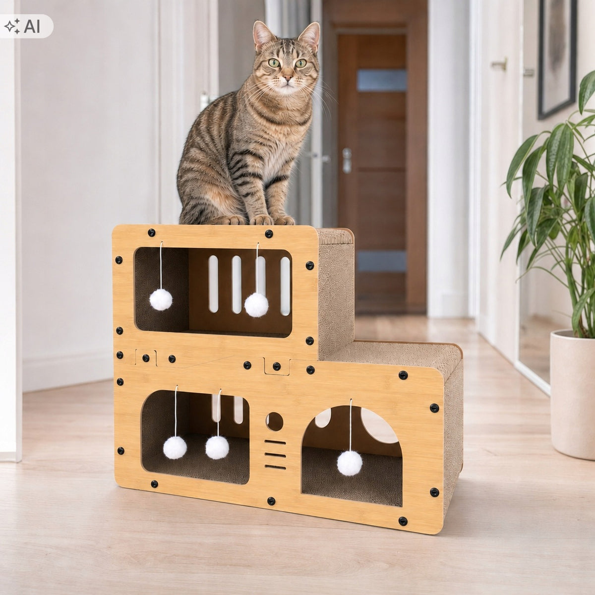 Drapak kartonowy dla kota 67 x 27 x 51 cm – 3 poziomy, domek i 5 piłeczek, tektura falista