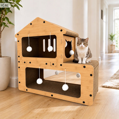 Drapak kartonowy dla kota z domkiem i legowiskiem 62 cm, 3 poziomy, 7 piłeczek – brązowy