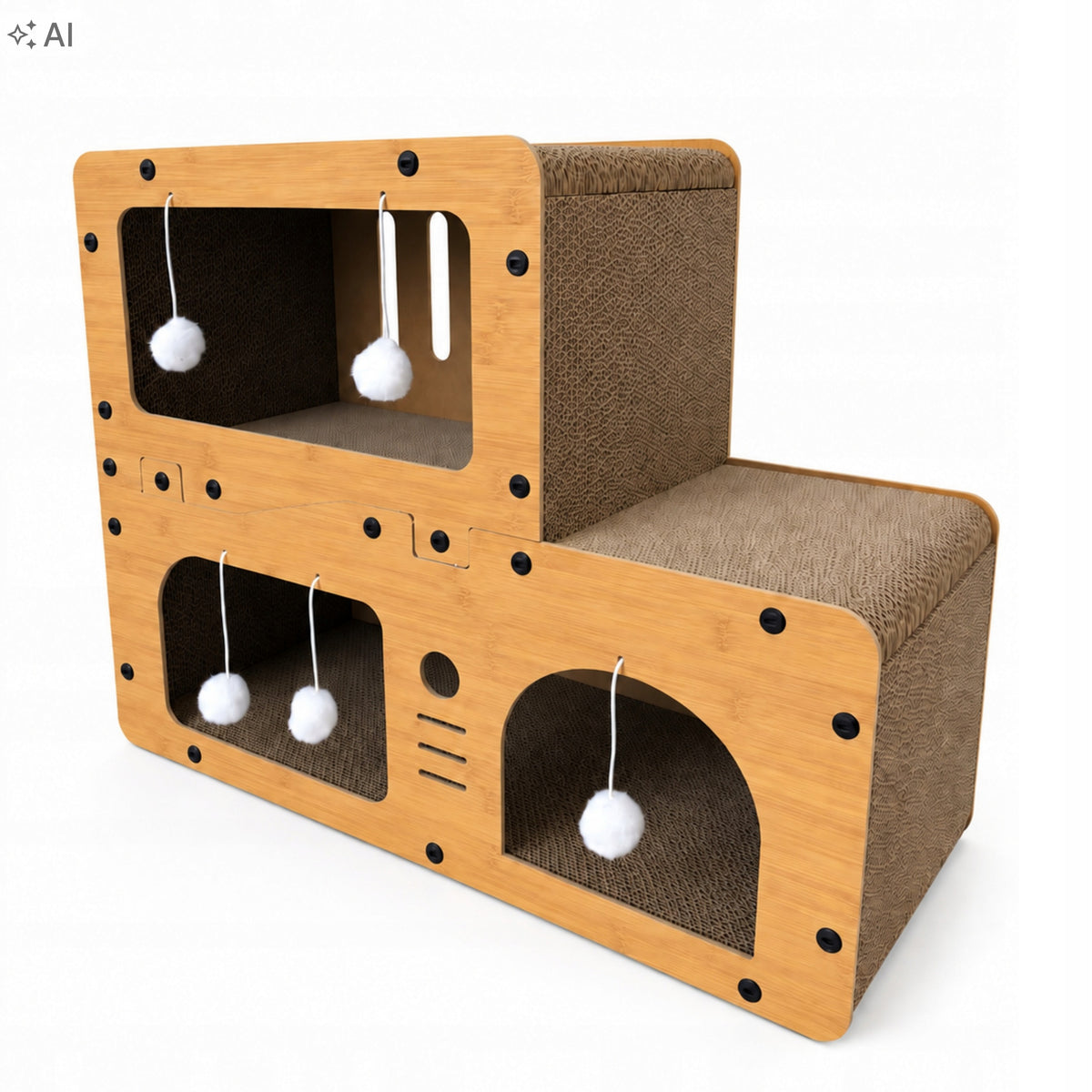 Drapak kartonowy dla kota 67 x 27 x 51 cm – 3 poziomy, domek i 5 piłeczek, tektura falista
