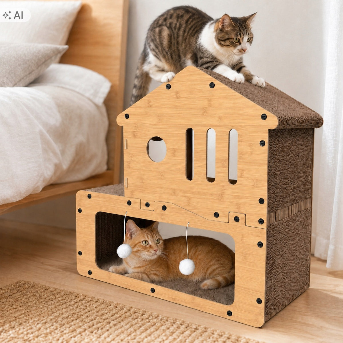 Drapak kartonowy dla kota z domkiem i legowiskiem 62 cm, 3 poziomy, 7 piłeczek – brązowy