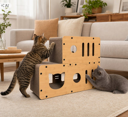 Drapak kartonowy dla kota 67 x 27 x 51 cm – 3 poziomy, domek i 5 piłeczek, tektura falista