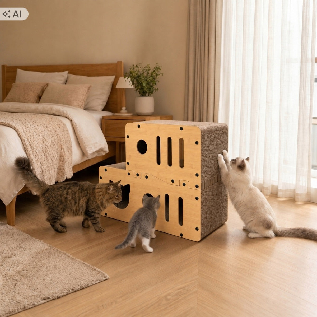Drapak kartonowy dla kota 67 x 27 x 51 cm – 3 poziomy, domek i 5 piłeczek, tektura falista
