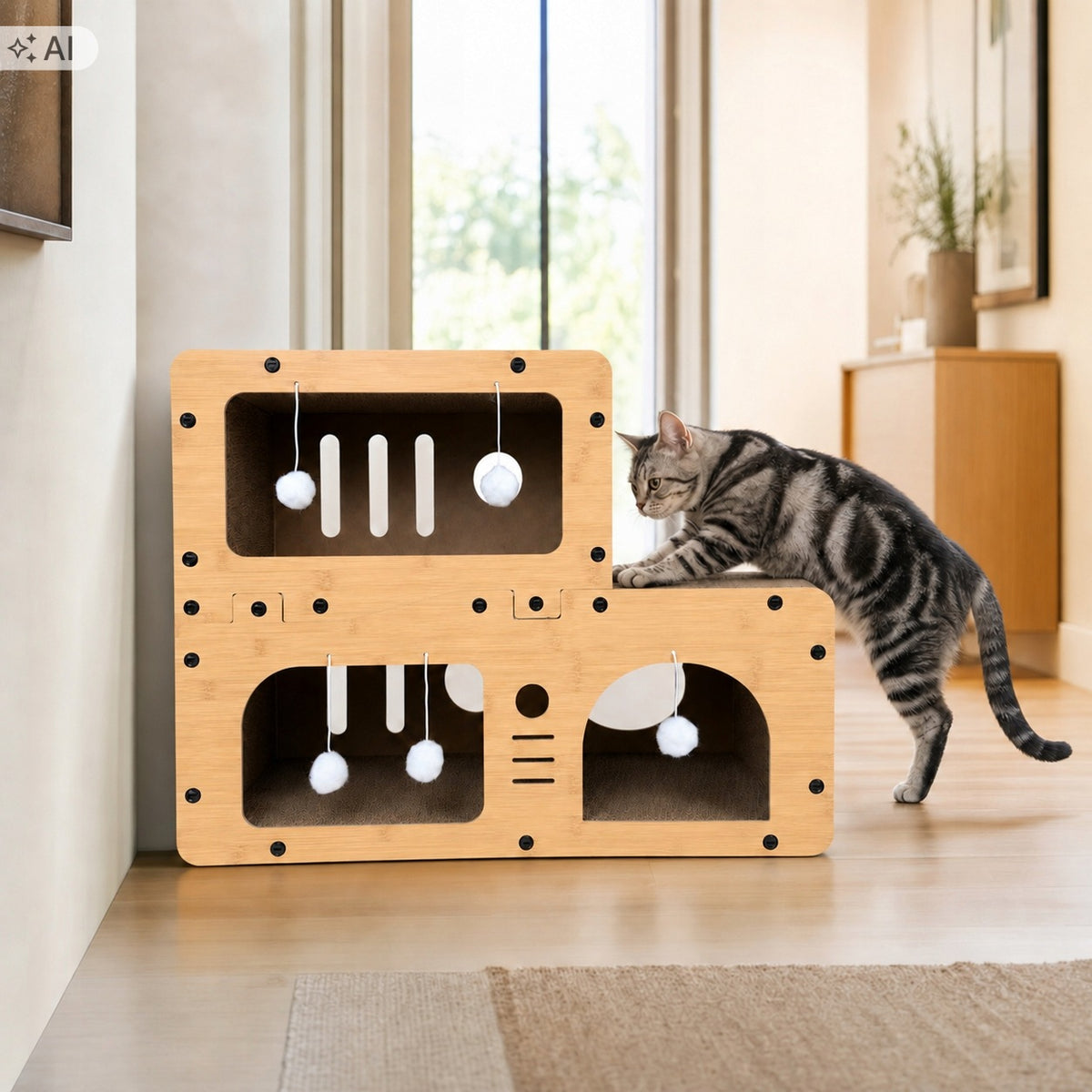 Drapak kartonowy dla kota 67 x 27 x 51 cm – 3 poziomy, domek i 5 piłeczek, tektura falista