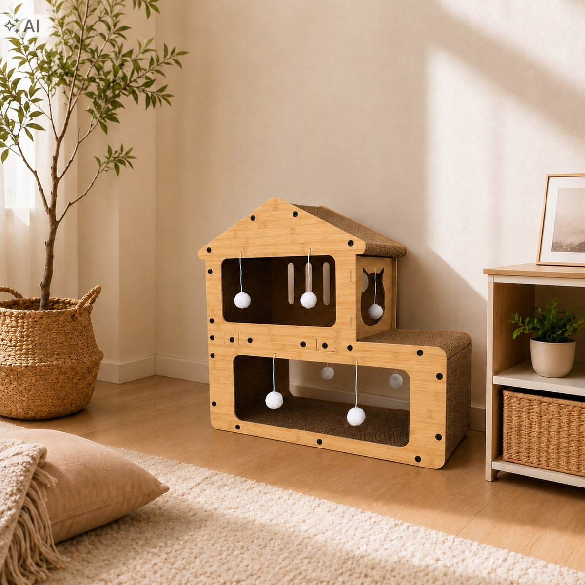 Drapak kartonowy dla kota z domkiem i legowiskiem 62 cm, 3 poziomy, 7 piłeczek – brązowy