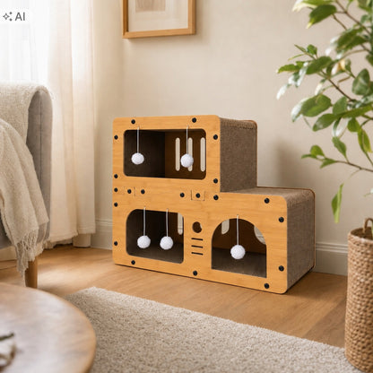 Drapak kartonowy dla kota 67 x 27 x 51 cm – 3 poziomy, domek i 5 piłeczek, tektura falista