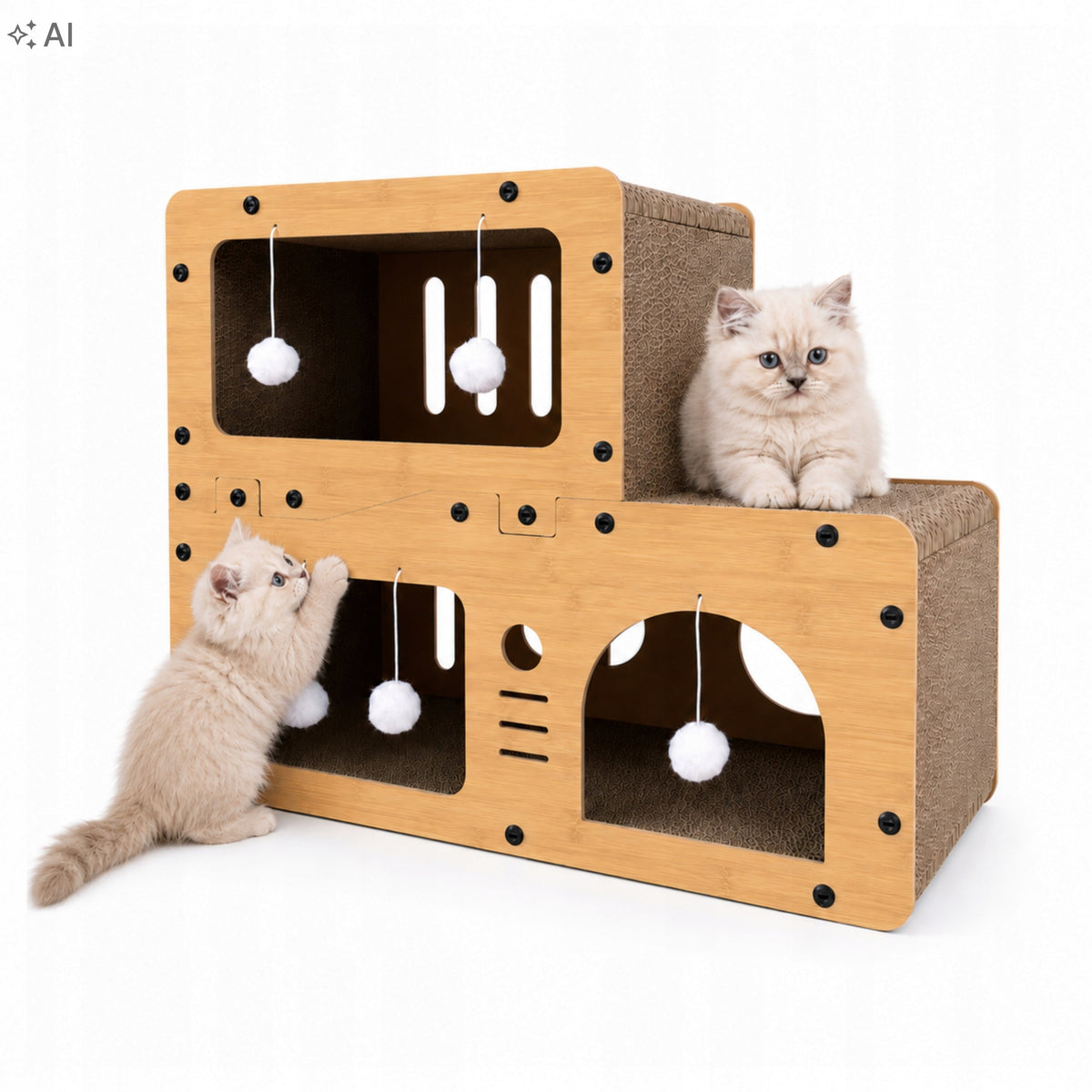 Drapak kartonowy dla kota 67 x 27 x 51 cm – 3 poziomy, domek i 5 piłeczek, tektura falista
