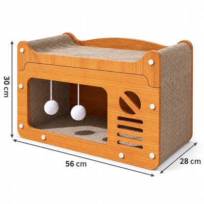 DAZAPETS Drapak tekturowy dla kota 3w1 z domkiem i legowiskiem 56x28x30 cm – brązowy