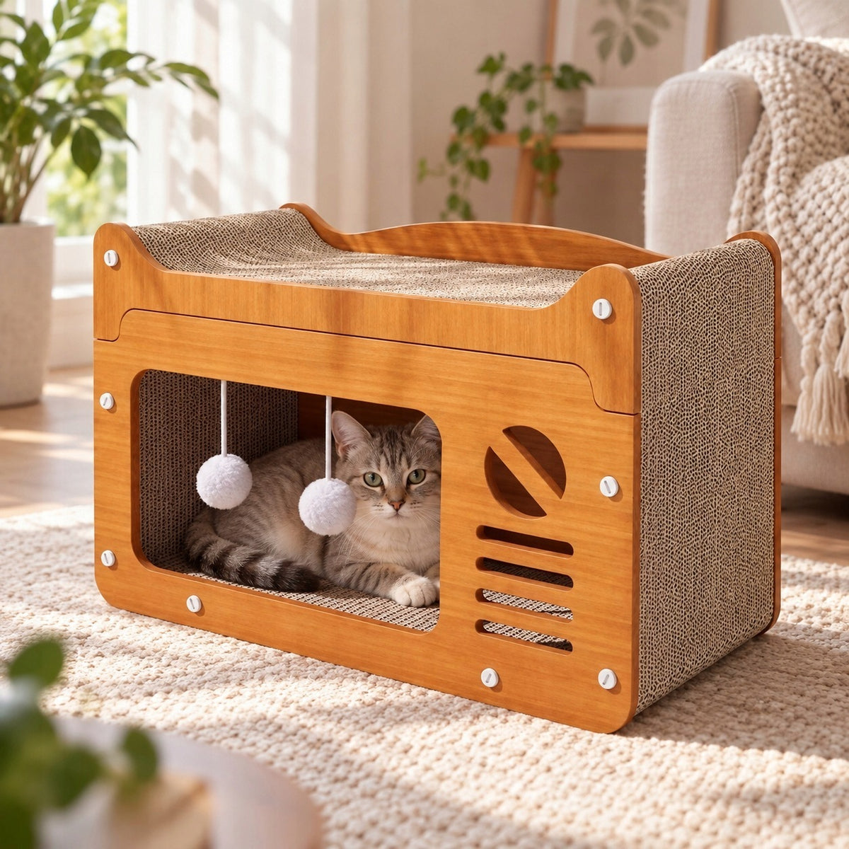 DAZAPETS Drapak tekturowy dla kota 3w1 z domkiem i legowiskiem 56x28x30 cm – brązowy