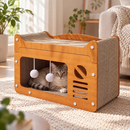 DAZAPETS Drapak tekturowy dla kota 3w1 z domkiem i legowiskiem 56x28x30 cm – brązowy