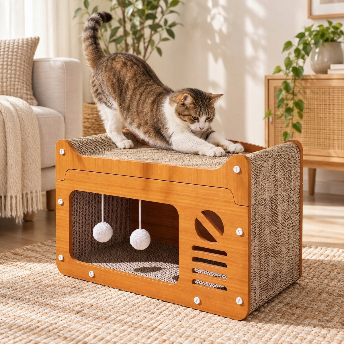 DAZAPETS Drapak tekturowy dla kota 3w1 z domkiem i legowiskiem 56x28x30 cm – brązowy