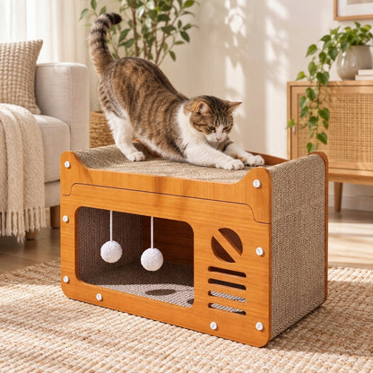 DAZAPETS Drapak tekturowy dla kota 3w1 z domkiem i legowiskiem 56x28x30 cm – brązowy