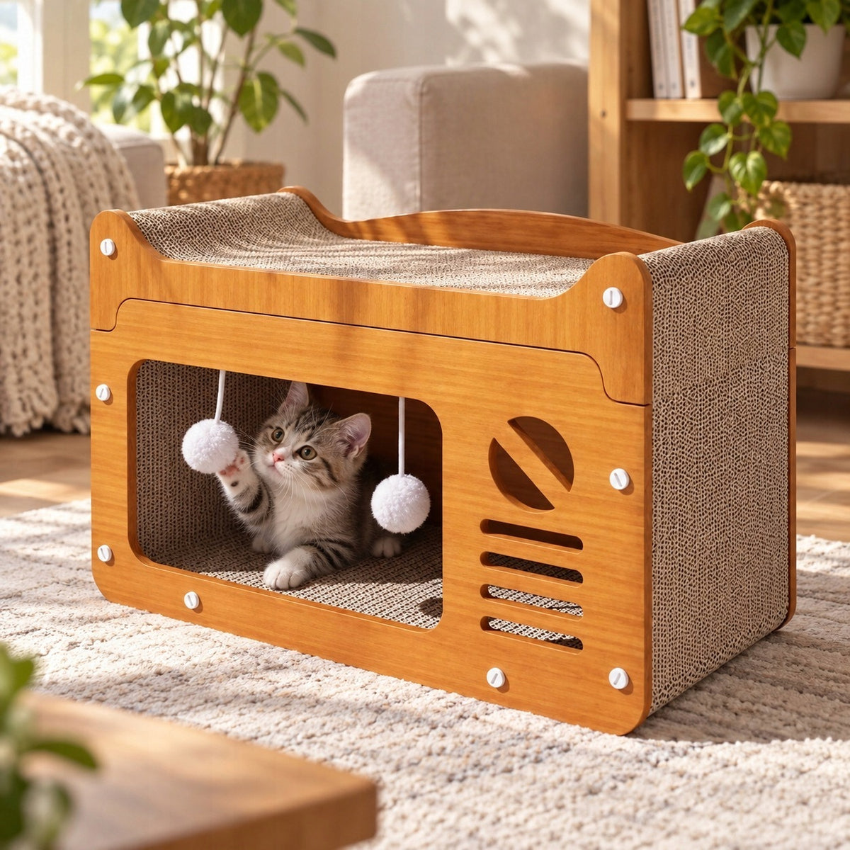 DAZAPETS Drapak tekturowy dla kota 3w1 z domkiem i legowiskiem 56x28x30 cm – brązowy