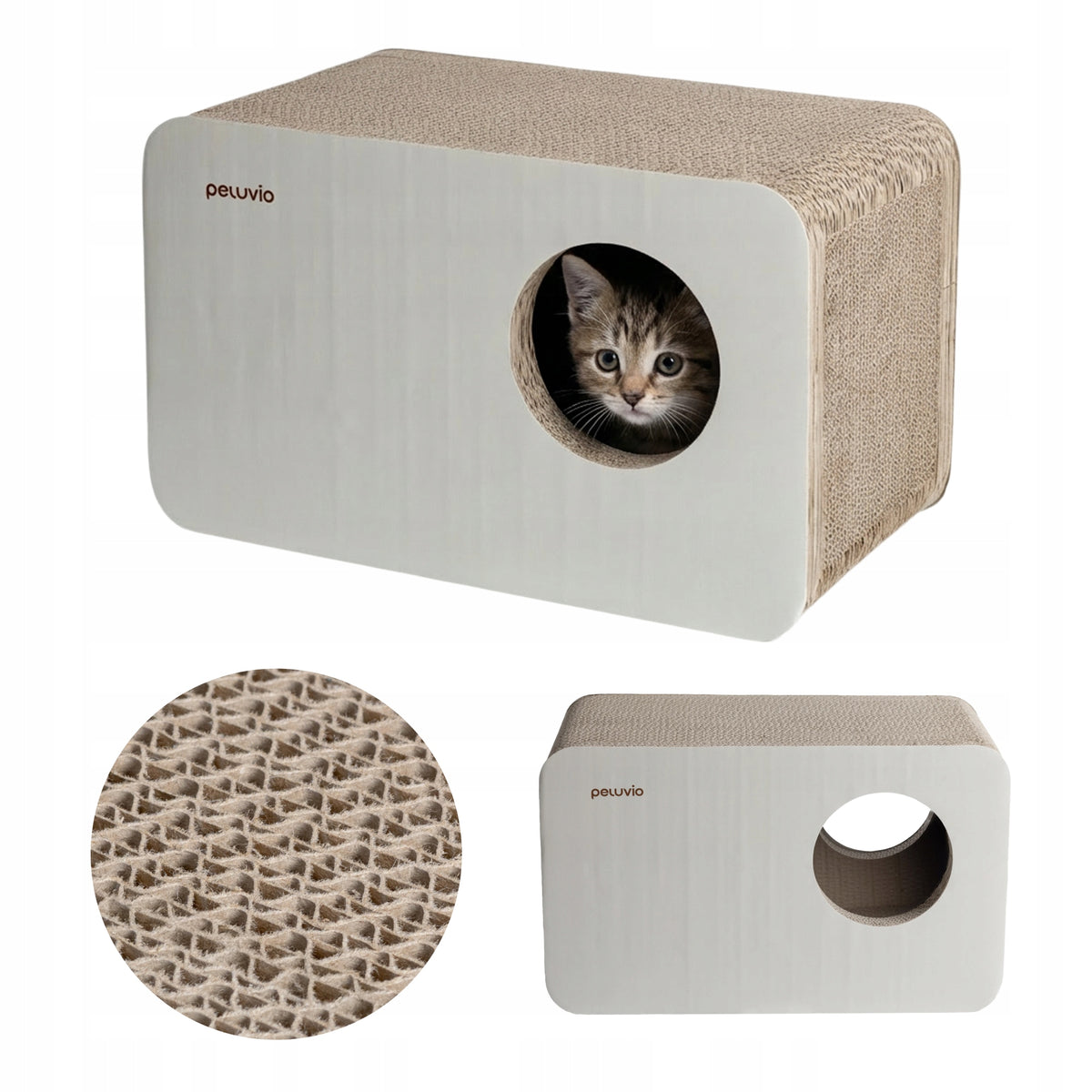 Peluvio Drapak tekturowy dla kota – domek kartonowy, legowisko i kryjówka do 60 cm, beżowy