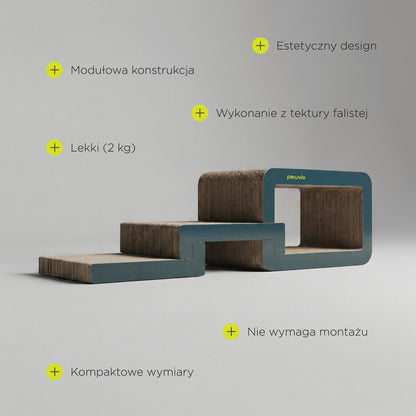 Peluvio Clawy drapak tekturowy dla kota modułowy z legowiskiem, 3 moduły – niebieski
