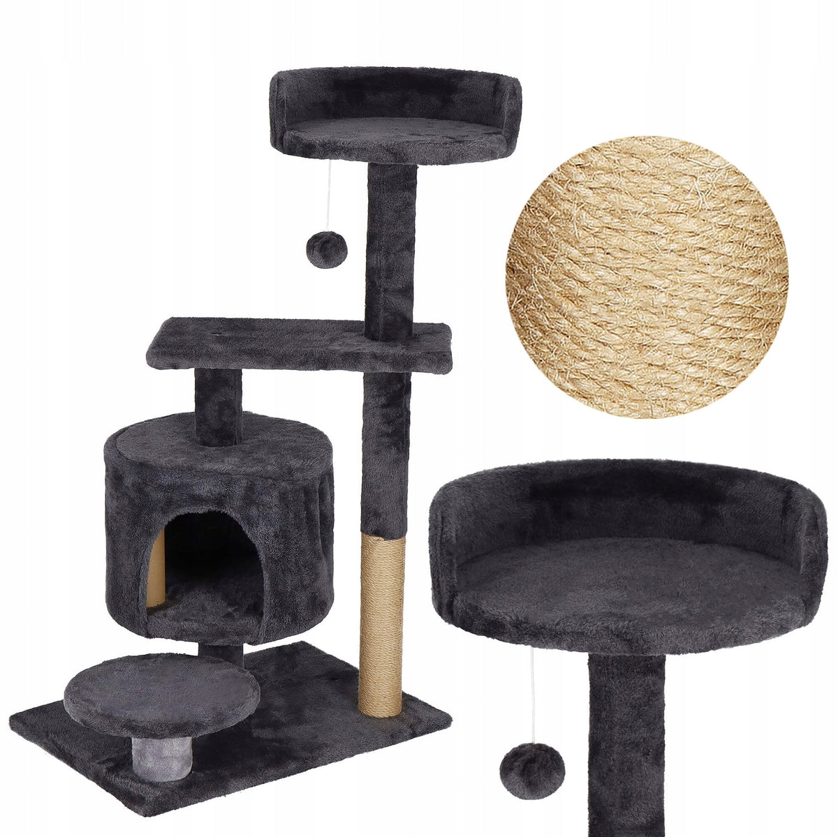 Springos Drapak dla kota 87 cm z legowiskiem i domkiem, 4 poziomy, sizal – szary