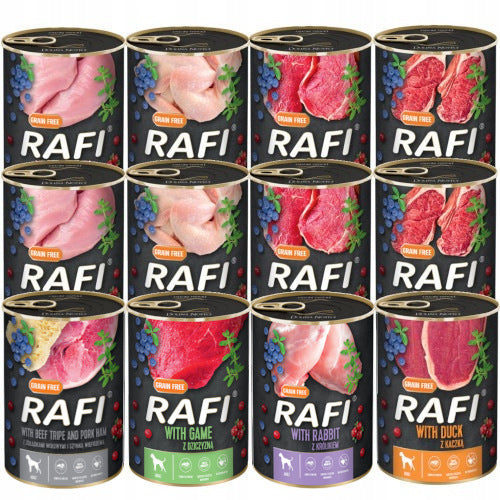 Rafi karma mokra dla psa bezzbożowa 12 x 400 g – mix 4 smaków, dla dorosłych psów