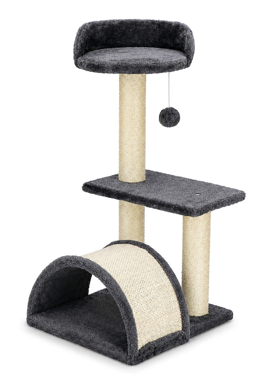 Petify Drapak dla kota 68 cm, 3 poziomy z budką, legowiskiem i słupkami z sizalu – szary