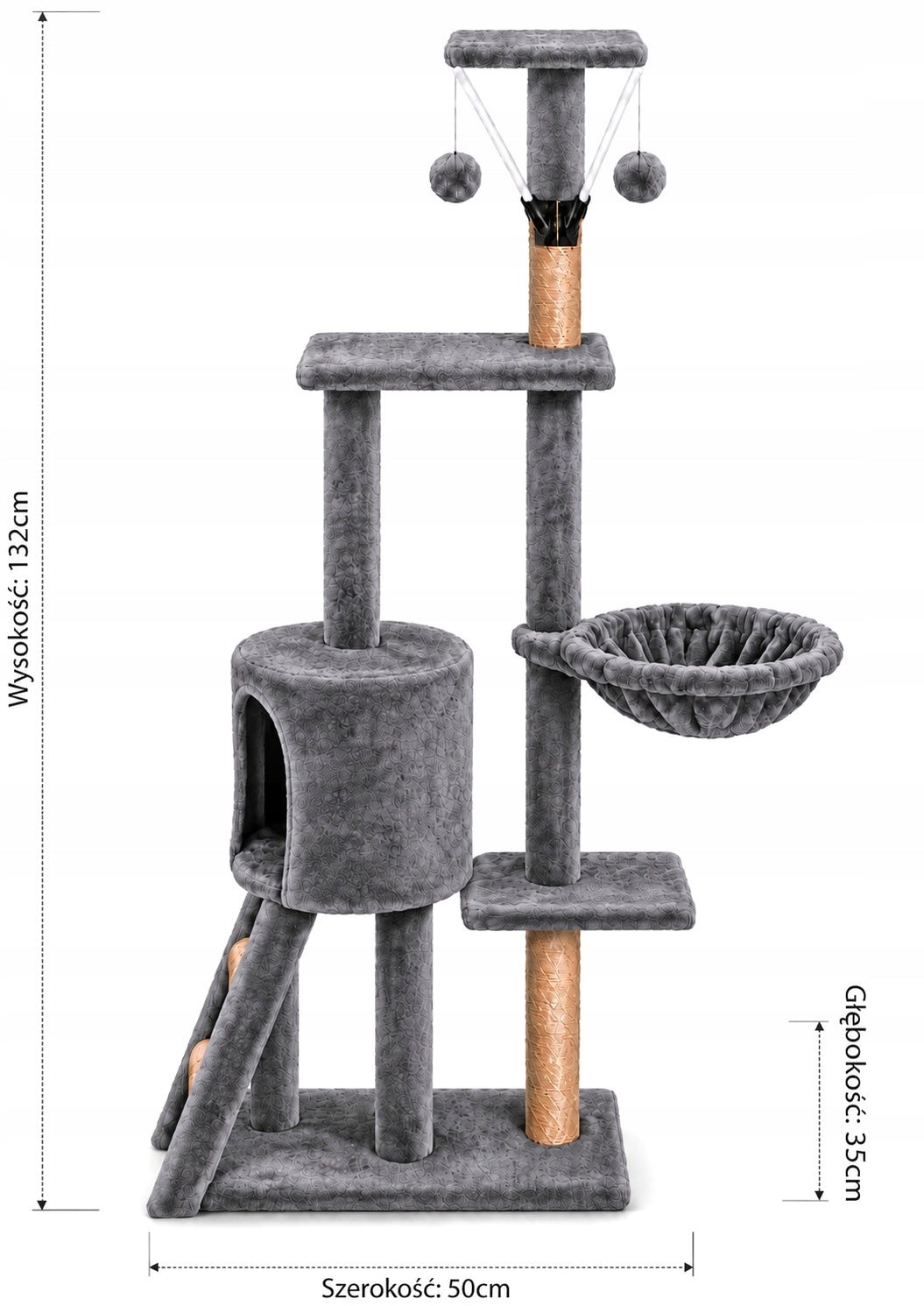 Petify Drapak dla kota wysoki 132 cm z domkiem i legowiskiem, 5 poziomów – szary
