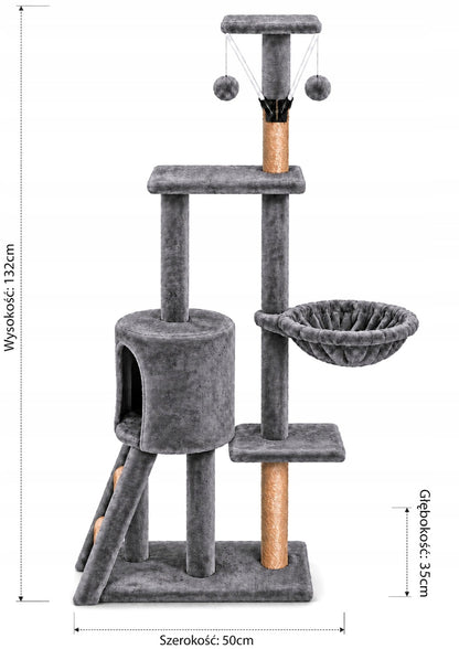 Petify Drapak dla kota wysoki 132 cm z domkiem i legowiskiem, 5 poziomów – szary