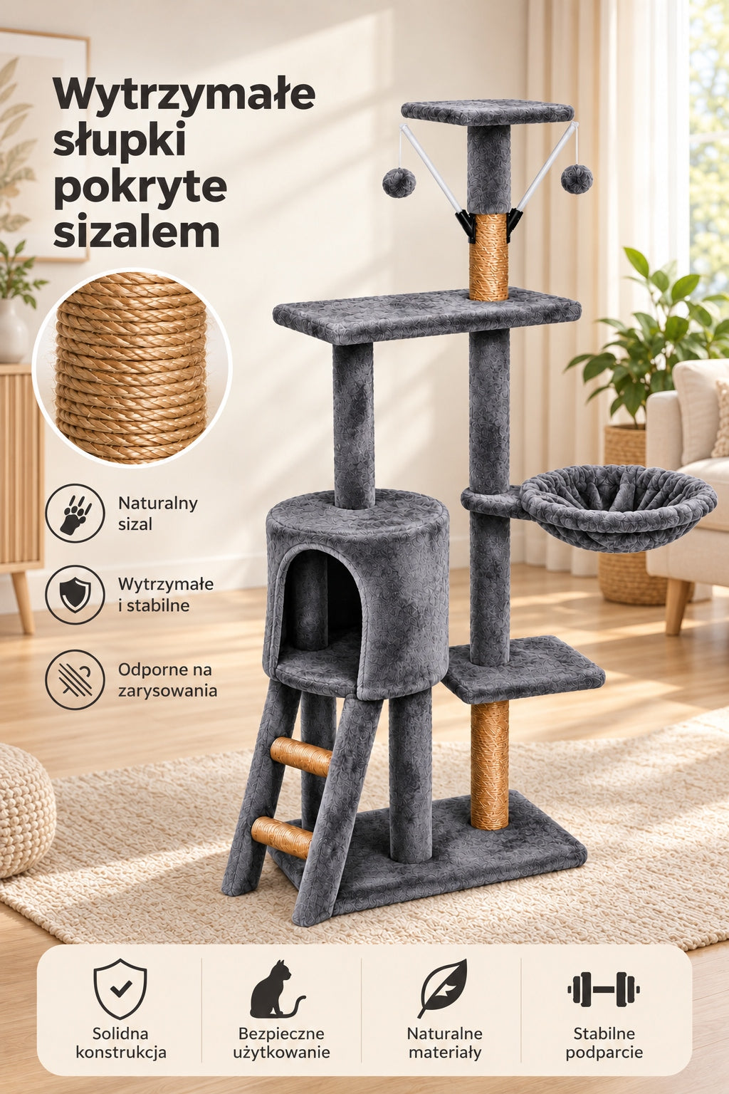 Petify Drapak dla kota wysoki 132 cm z domkiem i legowiskiem, 5 poziomów – szary