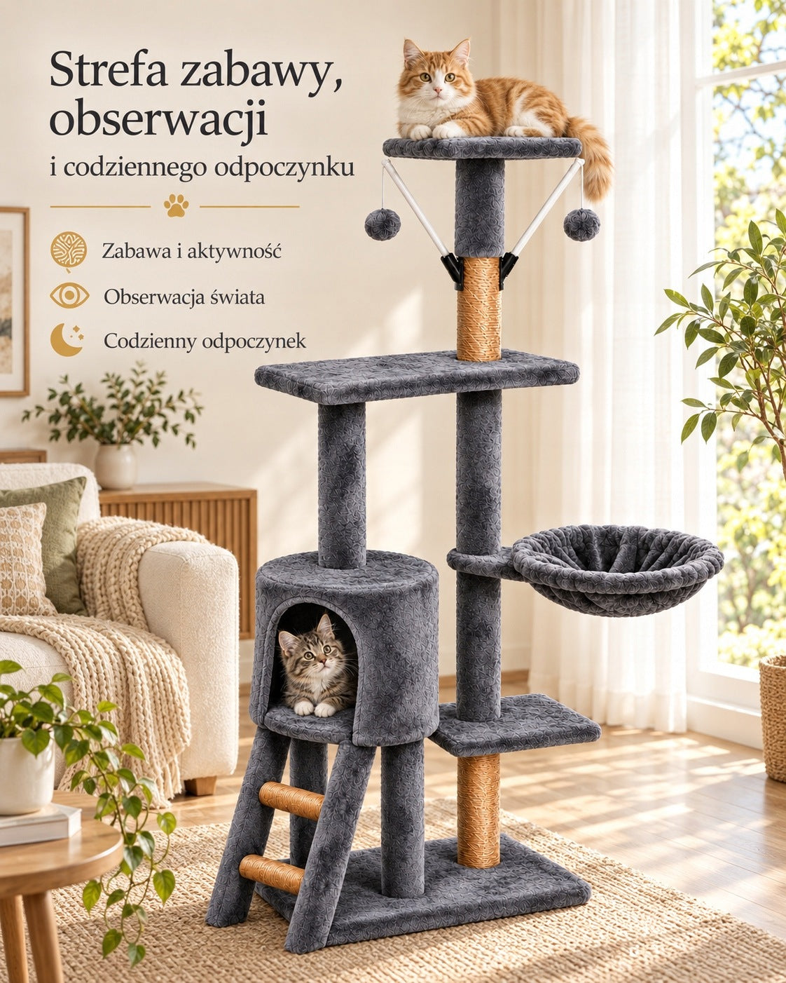 Petify Drapak dla kota wysoki 132 cm z domkiem i legowiskiem, 5 poziomów – szary