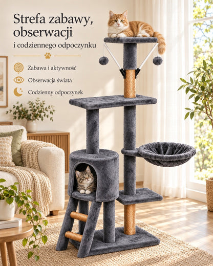 Petify Drapak dla kota wysoki 132 cm z domkiem i legowiskiem, 5 poziomów – szary