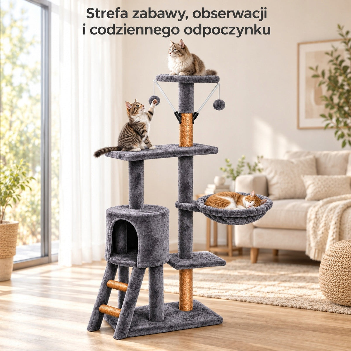 Petify Drapak dla kota wysoki 132 cm z domkiem i legowiskiem, 5 poziomów – szary