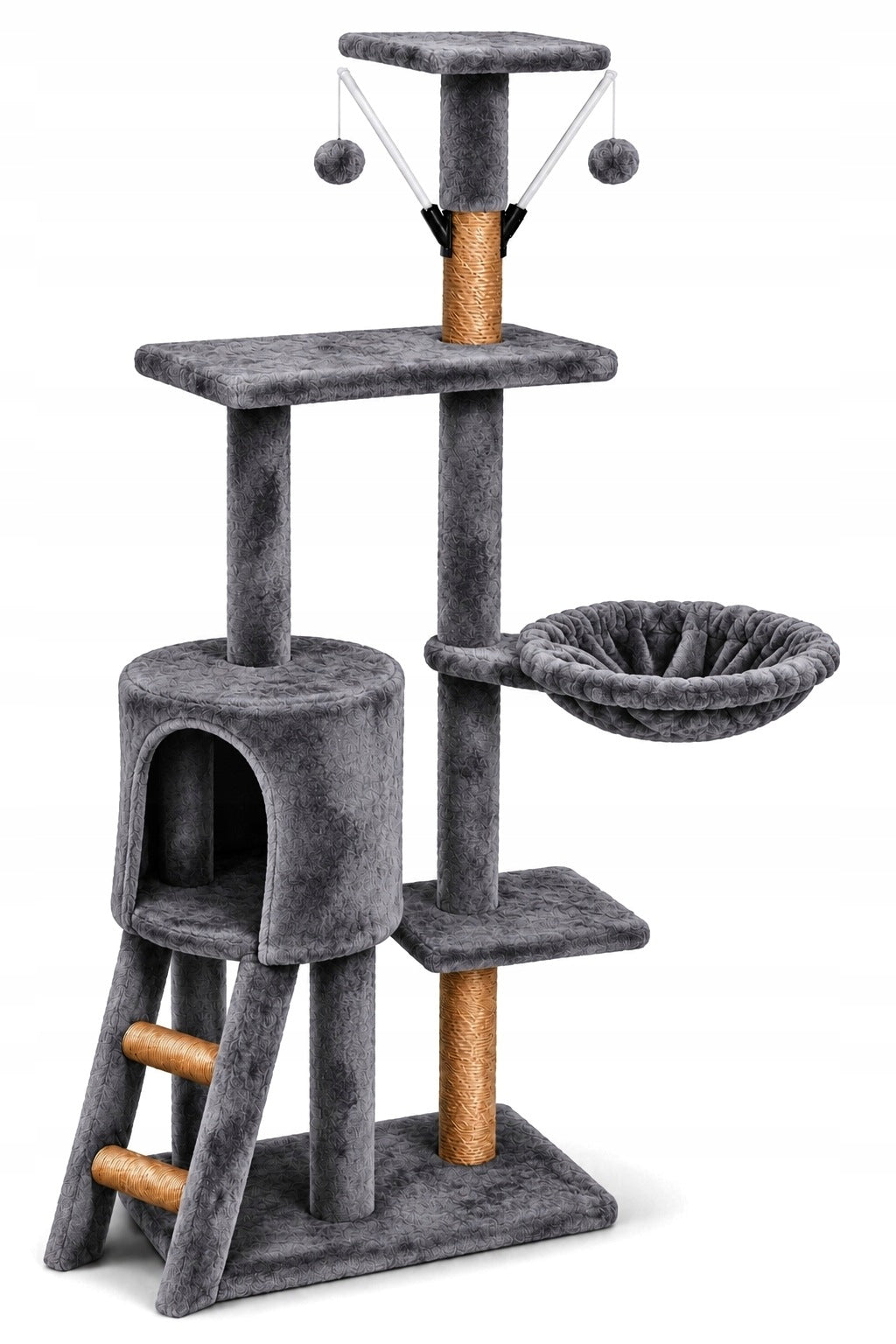Petify Drapak dla kota wysoki 132 cm z domkiem i legowiskiem, 5 poziomów – szary